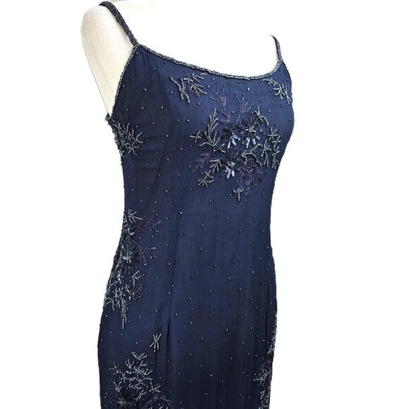 Vintage Adrianna Papell Navy Blue Silk Beaded Long Formal Ball Gown Prom Dress - Picture 3 of 11